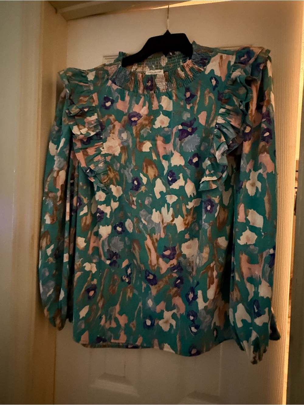 Chic Soul Teal Floral Ruffle Long-Sleeve Blouse